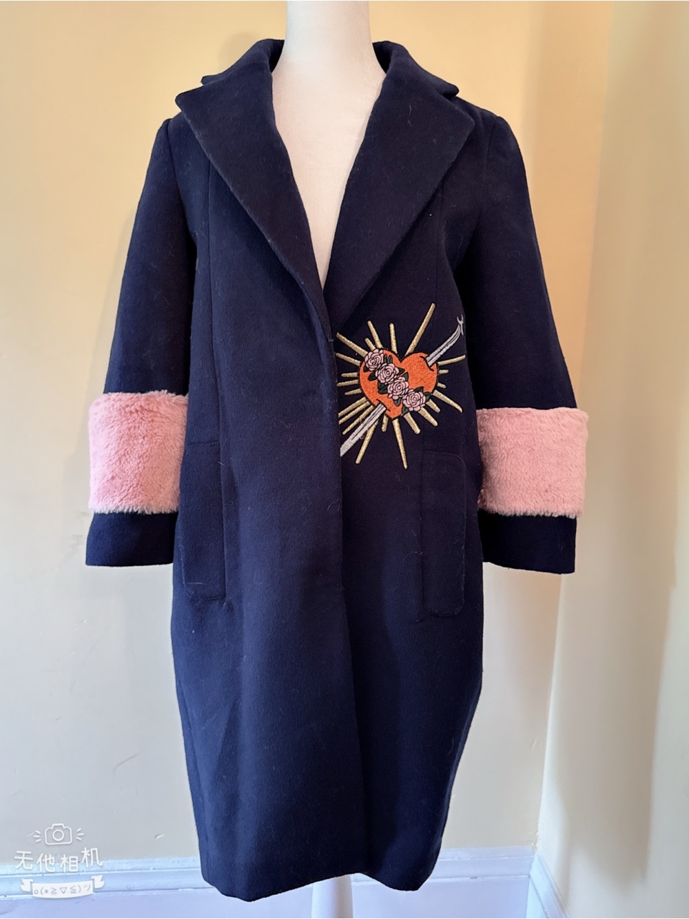 Navy Pea Coat with Pink Faux Fur Cuffs and Heart Embroidery